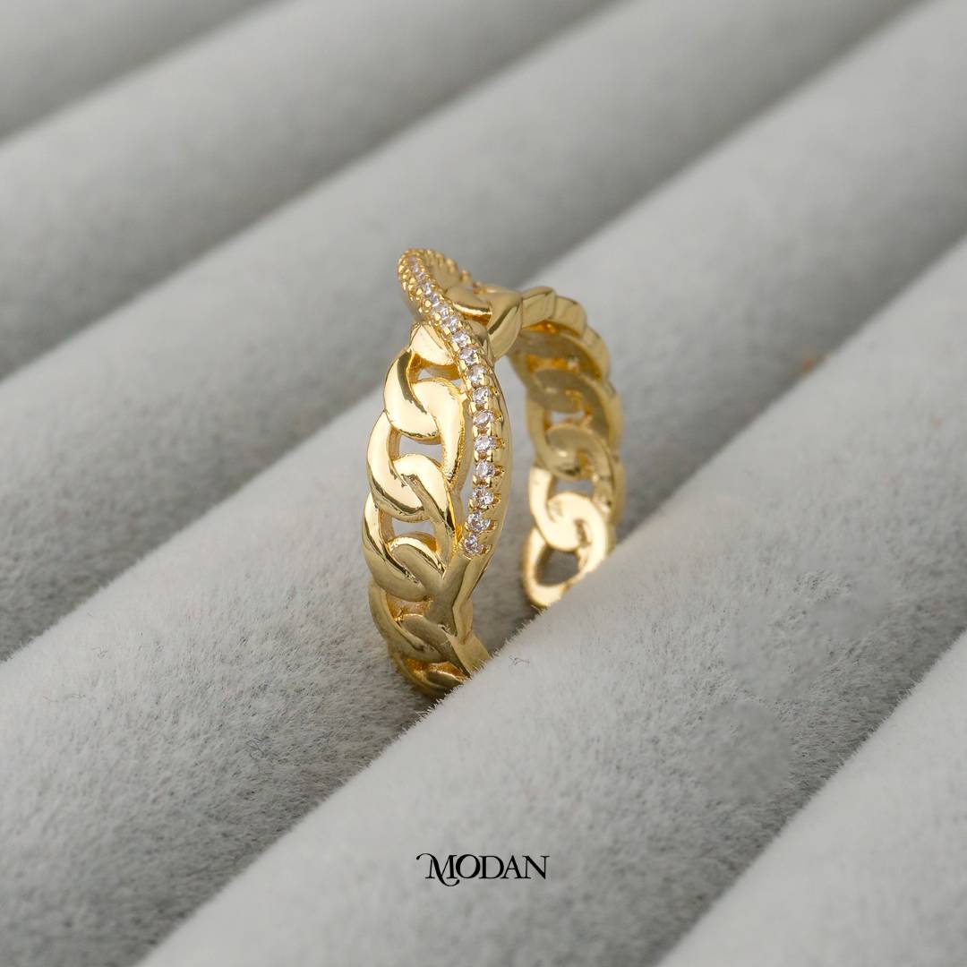 Sparkling Curb Adjustable Ring Cincin Rantai Hypoallergenic Gold Plated