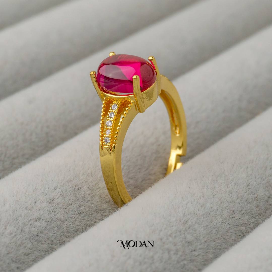 Fuchsia Solitaire Artificial Gemstone Adjustable Ring Cincin Batu Fushia Adjustable Hypoallergenic Gold Plated