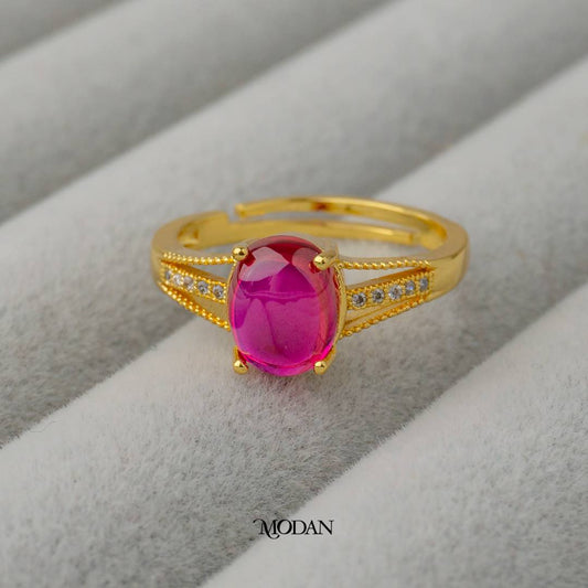 Fuchsia Solitaire Artificial Gemstone Adjustable Ring Cincin Batu Fushia Adjustable Hypoallergenic Gold Plated