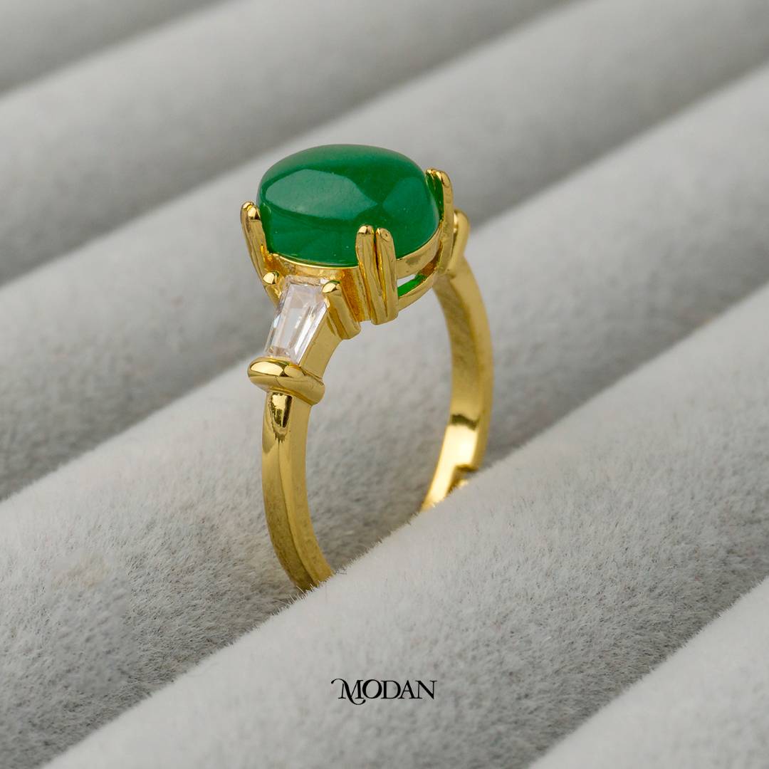 Green Solitaire Artificial Gemstone Adjustable Ring Cincin Batu Hijau Adjustable Hypoallergenic Gold Plated