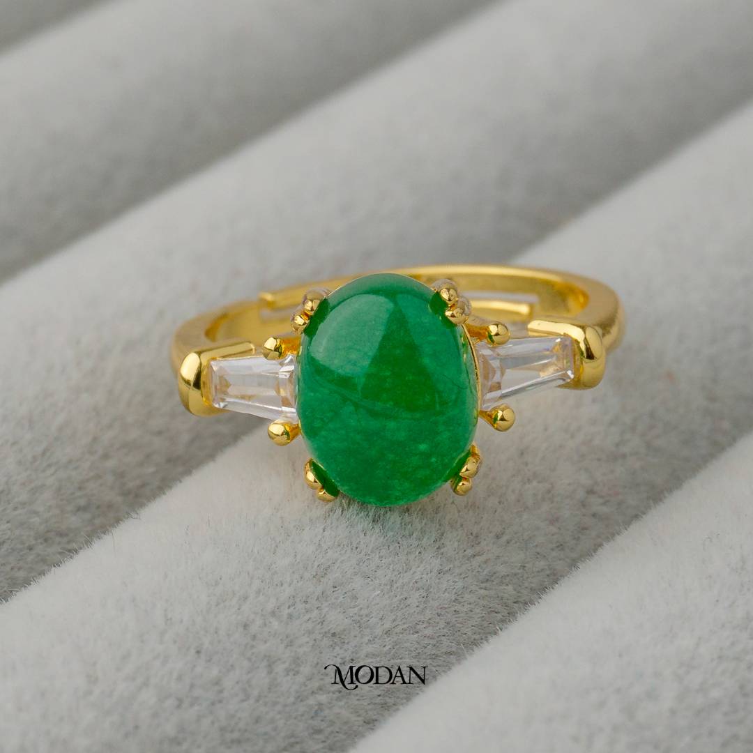 Green Solitaire Artificial Gemstone Adjustable Ring Cincin Batu Hijau Adjustable Hypoallergenic Gold Plated