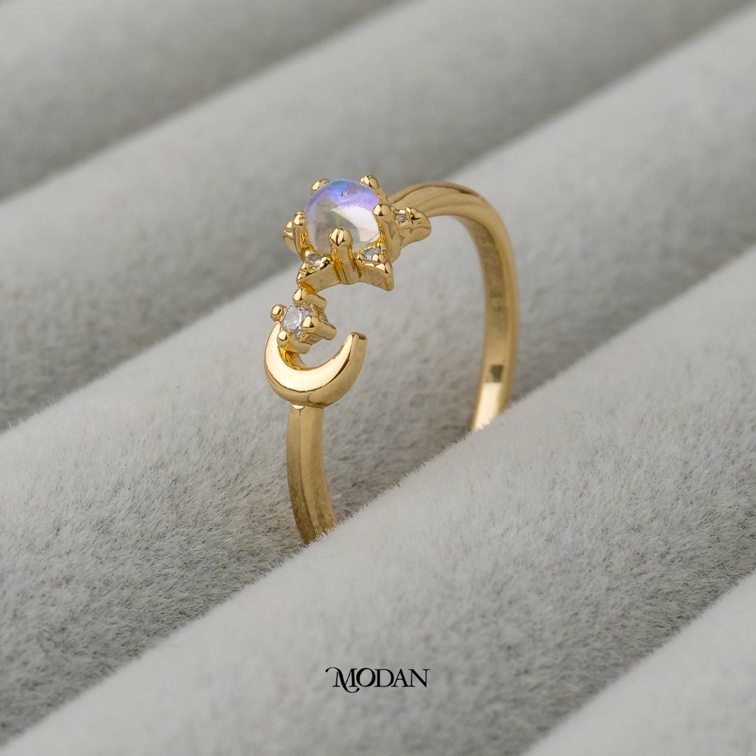 Aurora Celestial Moon And Star Artificial Gemstone Adjustable Ring Cincin Bulan Dan Bintang Aurora Adjustable Hypoallergenic Gold Plated