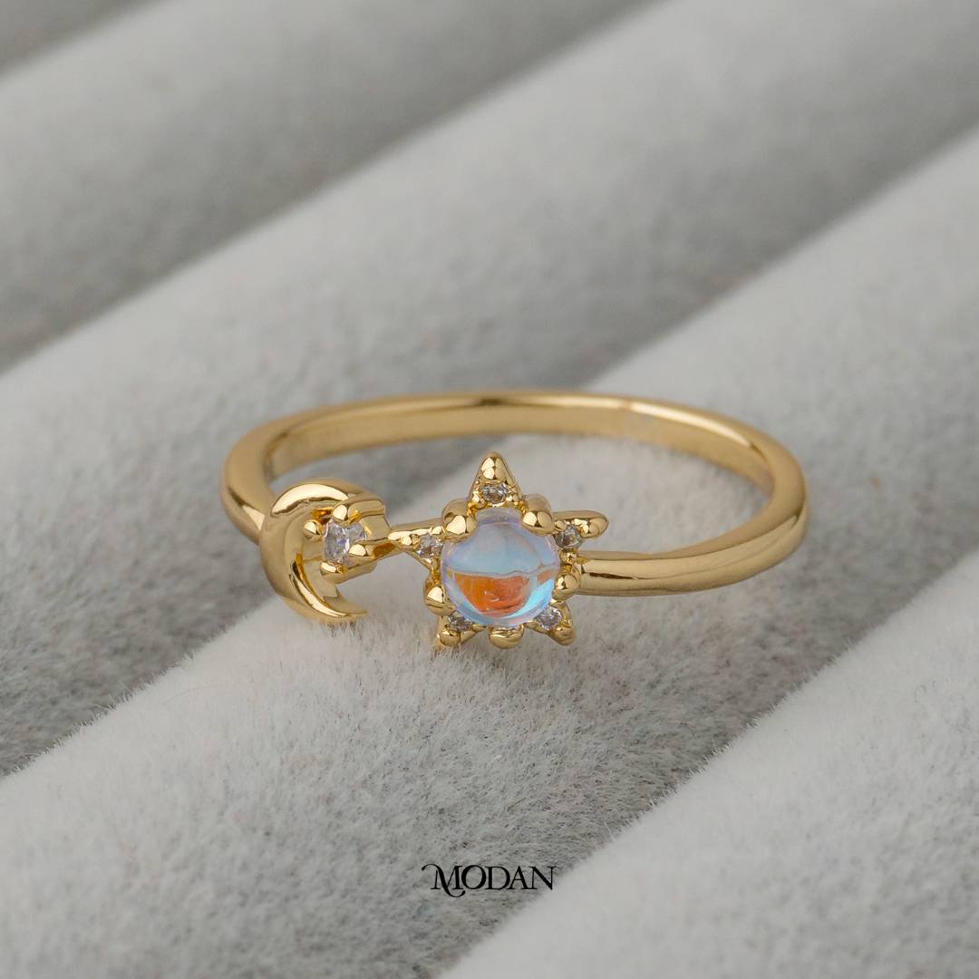 Aurora Celestial Moon And Star Artificial Gemstone Adjustable Ring Cincin Bulan Dan Bintang Aurora Adjustable Hypoallergenic Gold Plated