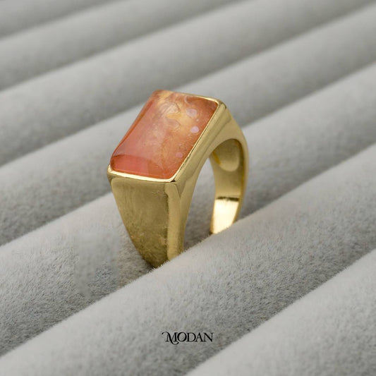 Peach Rectangle Statement Adjustable Ring Cincin Persegi panjang Adjustable Hypoallergenic Gold Plated
