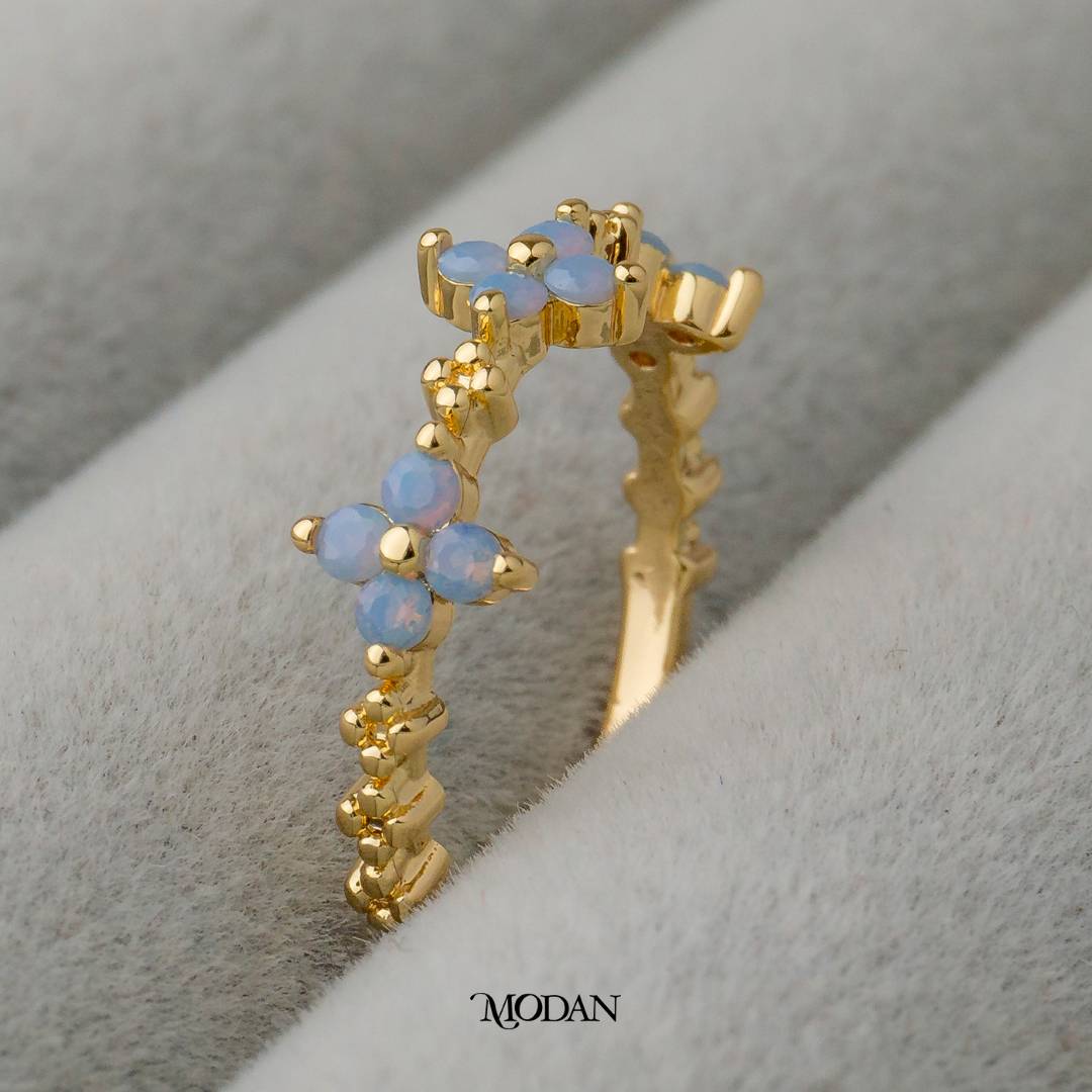 Blue Blossom Clover Ring Adjustable Cincin Daun Semanggi Biru Hypoallergenic Gold Plated