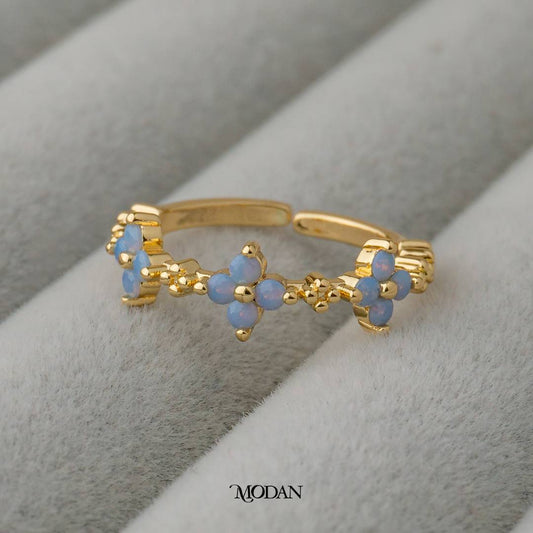 Blue Blossom Clover Ring Adjustable Cincin Daun Semanggi Biru Hypoallergenic Gold Plated
