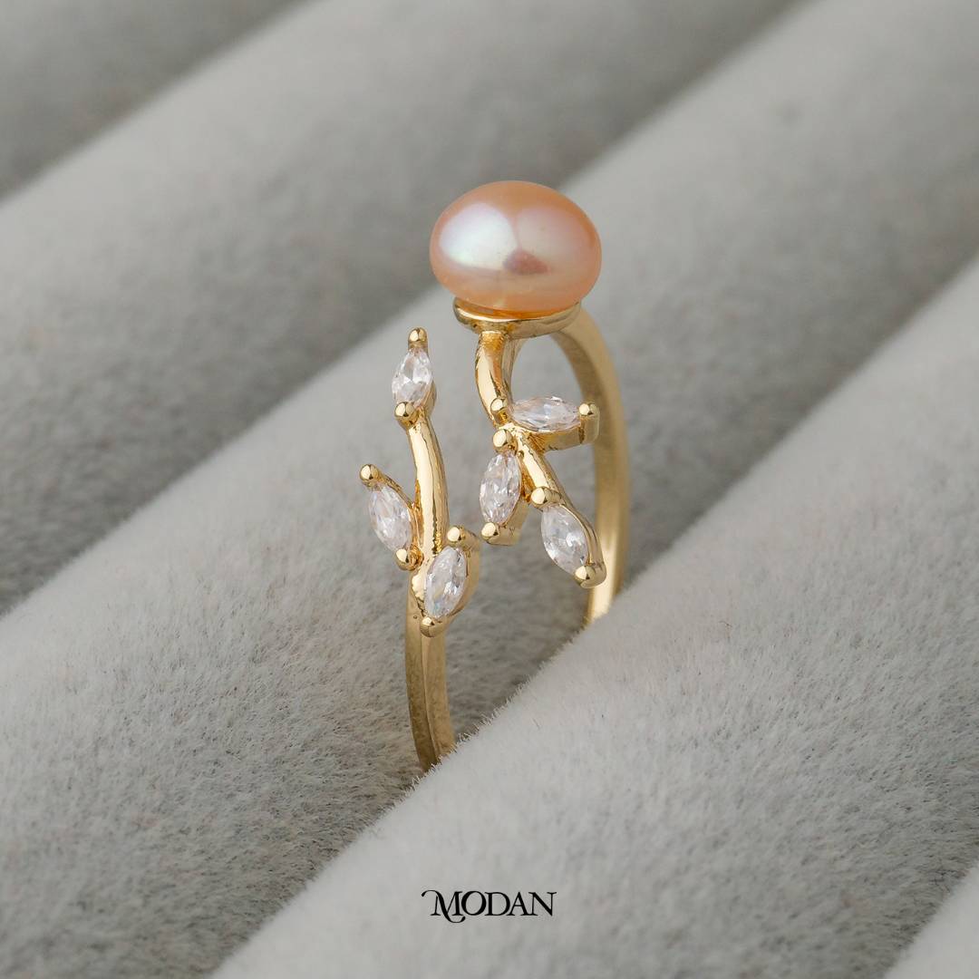 Pearl Leaf Branch Ring Adjustable Cincin Rantai Daun Dan Mutiara Hypoallergenic Gold Plated