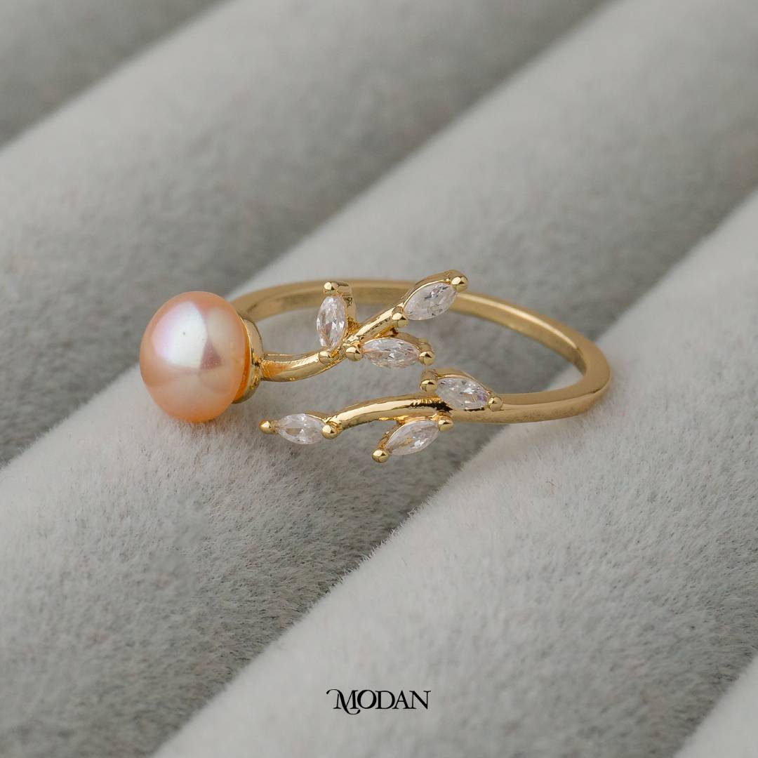 Pearl Leaf Branch Ring Adjustable Cincin Rantai Daun Dan Mutiara Hypoallergenic Gold Plated