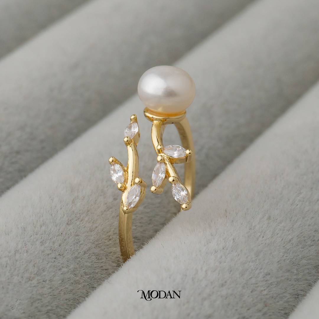 Pearl Leaf Branch Ring Adjustable Cincin Rantai Daun Dan Mutiara Hypoallergenic Gold Plated
