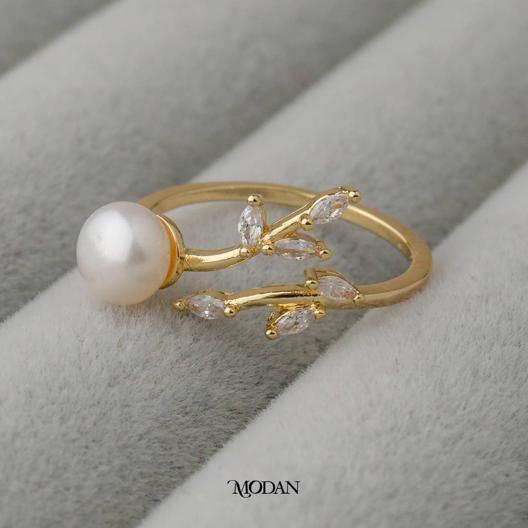 Pearl Leaf Branch Ring Adjustable Cincin Rantai Daun Dan Mutiara Hypoallergenic Gold Plated