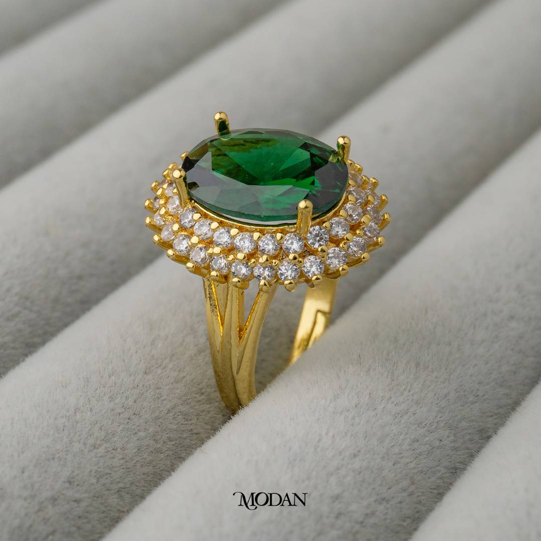 Green Micro Paved Oval Ring Adjustable Cincin Oval Hijau Hypoallergenic Gold Plated