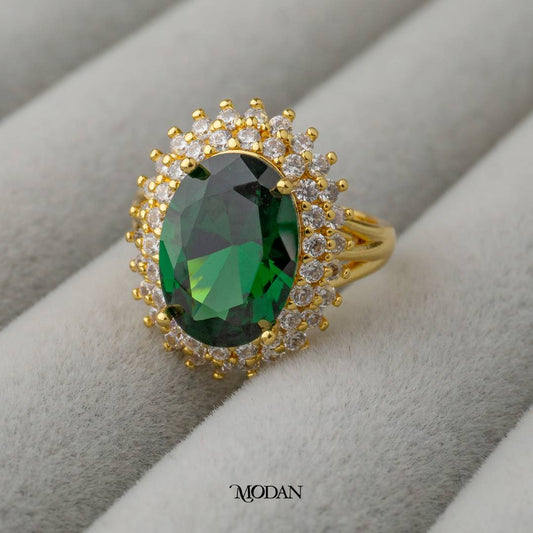 Green Micro Paved Oval Ring Adjustable Cincin Oval Hijau Hypoallergenic Gold Plated