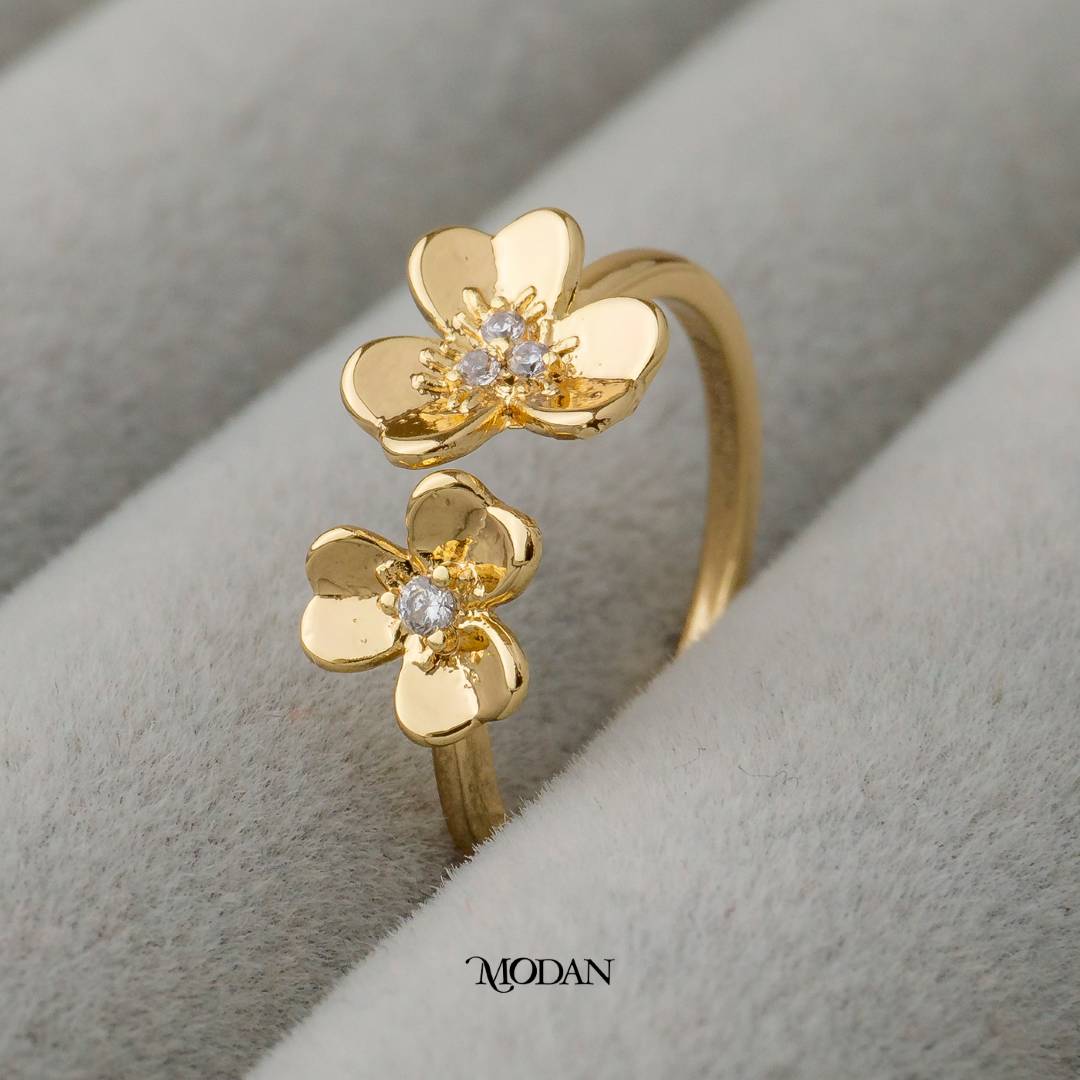 Double Dainty Clover Flower Ring Cincin Bunga Daun Semanggi Hypoallergenic Gold Plated