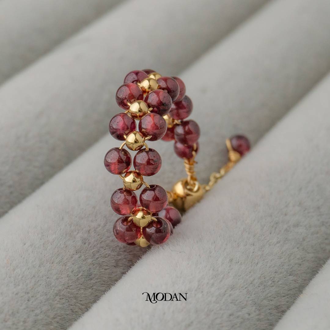 Red Garnet Crystal Beads Ring Cincin Kristal Merah Garnet Hypoallergenic Gold Plated