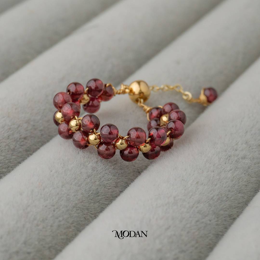 Red Garnet Crystal Beads Ring Cincin Kristal Merah Garnet Hypoallergenic Gold Plated