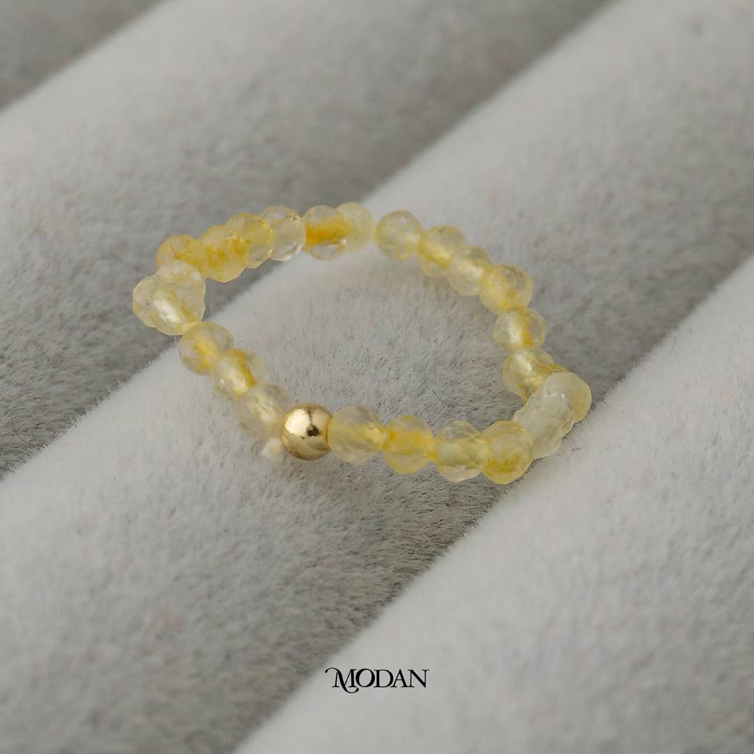 Yellow Citrine And Black Onyx Crystal Beads Ring Cincin Kristal Kuning Dan Hitam Hypoallergenic Gold Plated