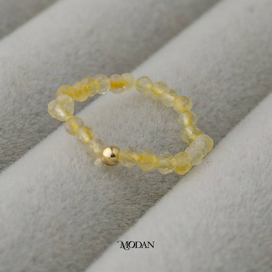 Yellow Citrine And Black Onyx Crystal Beads Ring Cincin Kristal Kuning Dan Hitam Hypoallergenic Gold Plated