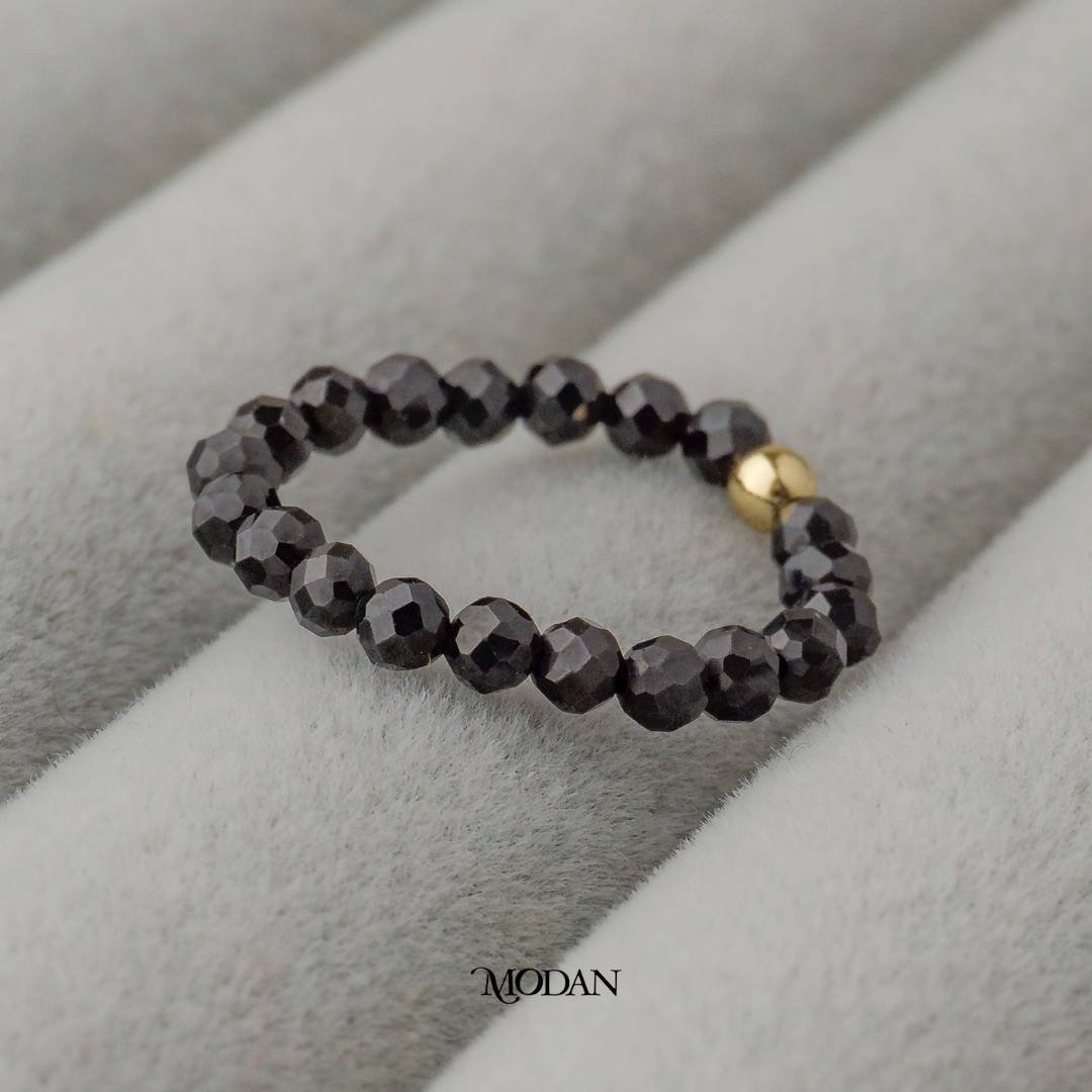 Yellow Citrine And Black Onyx Crystal Beads Ring Cincin Kristal Kuning Dan Hitam Hypoallergenic Gold Plated