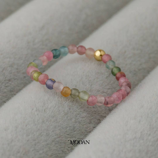 Green And Pink Tourmaline Crystal Beads Ring Cincin Kristal Hijau Dan Merah Muda Hypoallergenic Gold Plated