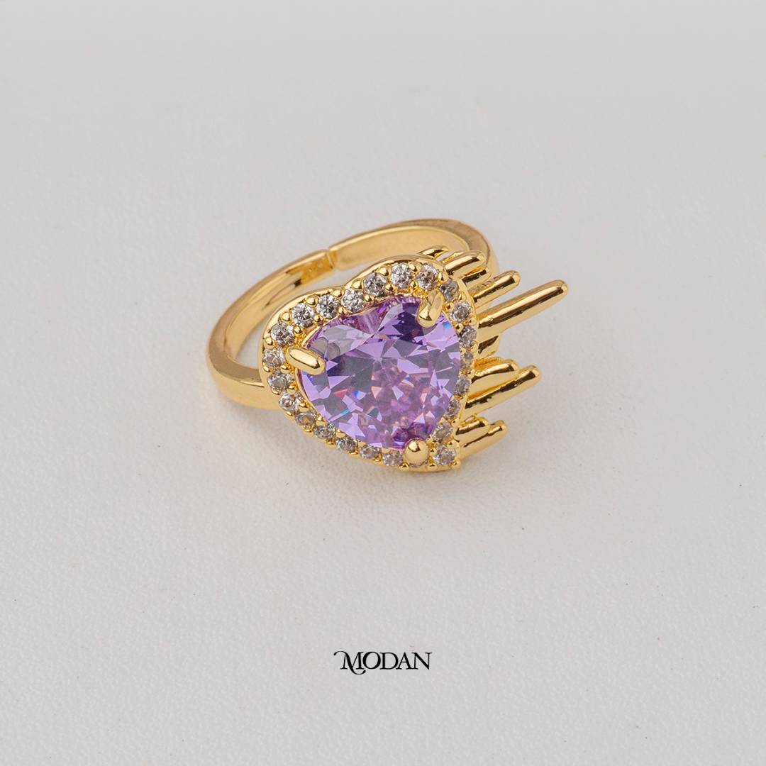 Halo Purple Heart Cocktail Adjustable Ring Cincin Hati Ungu Hypoallergenic Gold Plated