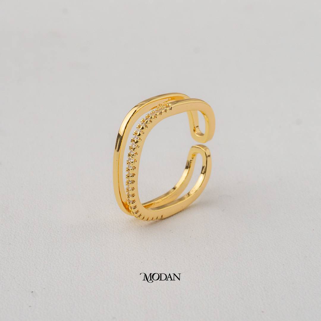 Minimalist Pure & Pave Layer Adjustable Ring Cincin Polos & Batuan Lapisan Hypoallergenic Gold Plated