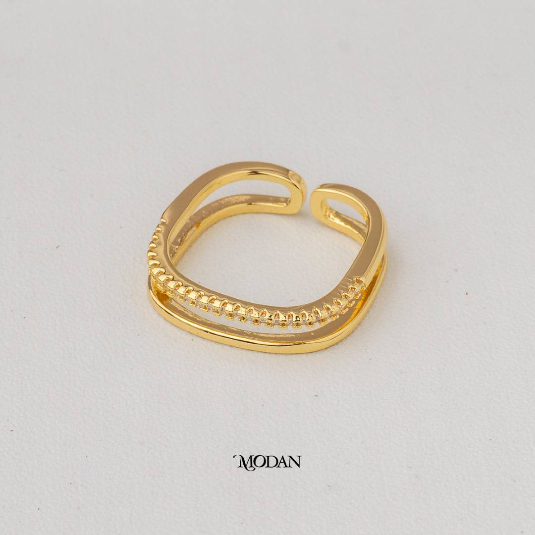 Minimalist Pure & Pave Layer Adjustable Ring Cincin Polos & Batuan Lapisan Hypoallergenic Gold Plated