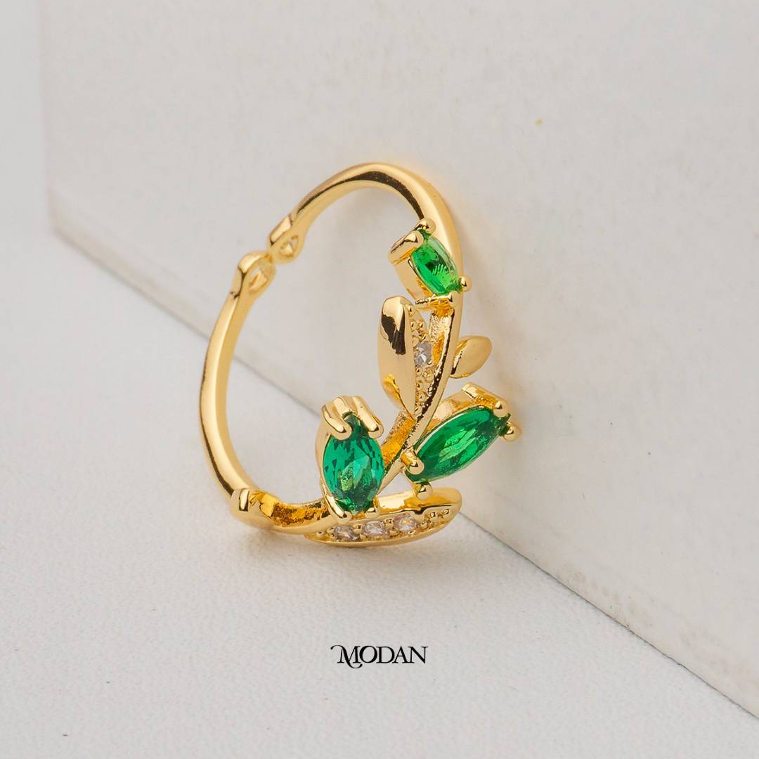Marquise Green Olive Leaf Adjustable Ring Cincin Daun Zaitun Hijau Hypoallergenic Gold Plated