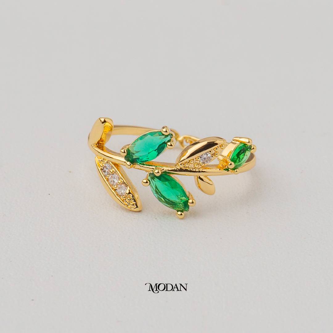 Marquise Green Olive Leaf Adjustable Ring Cincin Daun Zaitun Hijau Hypoallergenic Gold Plated