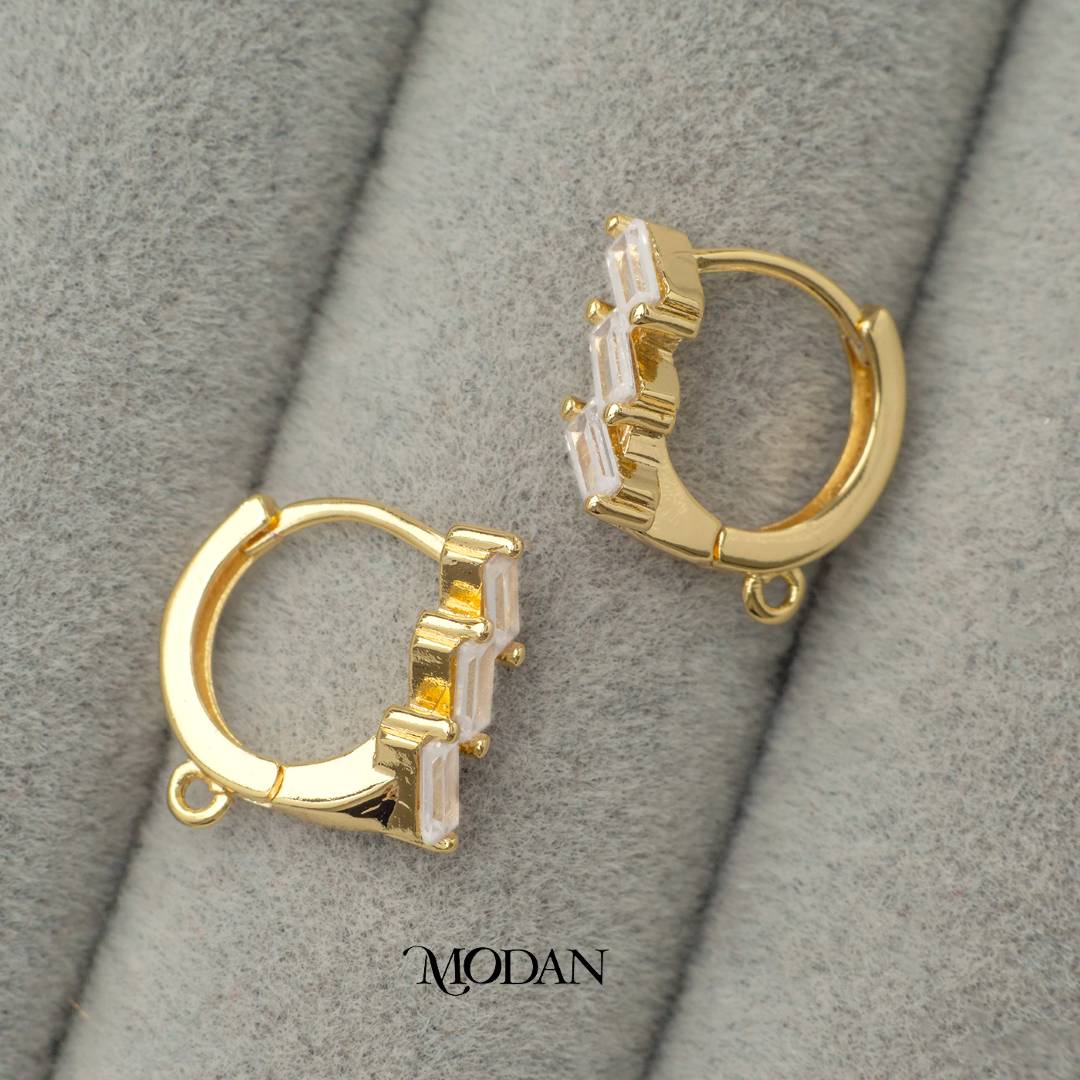 Triple Baguette Hoop Earring DIY Earrings Findings Pengait  Anting Bulat Triple Berlian Unfinished Hypoallergenic Gold Plated