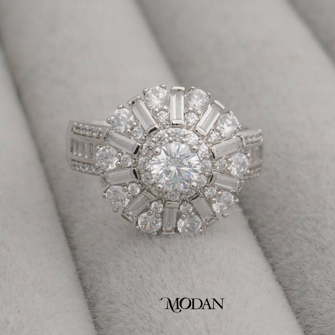 Baguette Sunburst Ring Cincin Bentuk Pancaran Sinar Matahari Hypoallergenic Gold Plated
