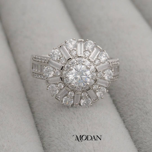 Baguette Sunburst Ring Cincin Bentuk Pancaran Sinar Matahari Hypoallergenic Gold Plated
