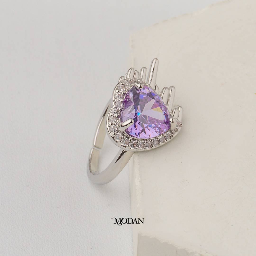 Halo Purple Heart Cocktail Adjustable Ring Cincin Hati Ungu Hypoallergenic Gold Plated