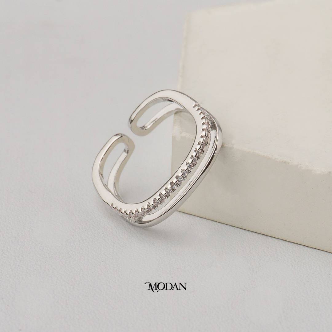 Minimalist Pure & Pave Layer Adjustable Ring Cincin Polos & Batuan Lapisan Hypoallergenic Gold Plated