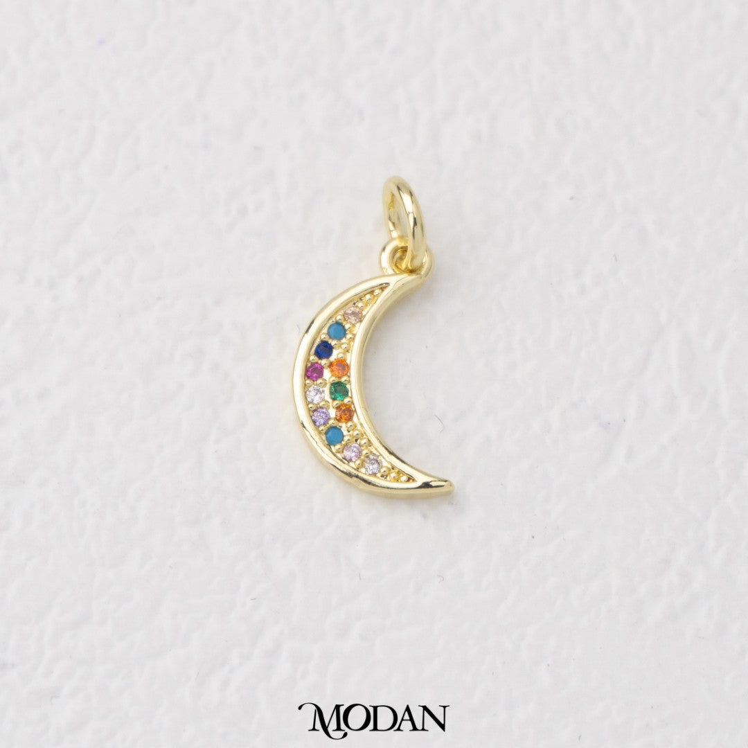 Sparkling Rainbow Celestial Moon Charm Liontin Bulat Sabit Pelangi Hypoallergenic Gold Filled