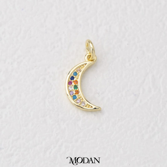 Sparkling Rainbow Celestial Moon Charm Liontin Bulat Sabit Pelangi Hypoallergenic Gold Filled