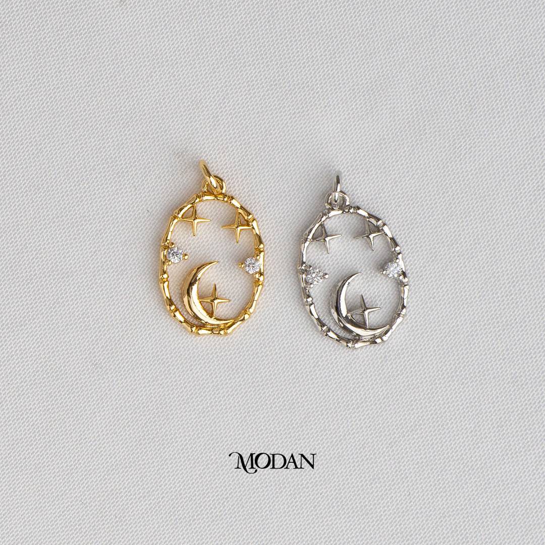 Celestial Moon and Star Oval DIY Charm Liontin Bulan Bintang Hypoallergenic Gold Filled
