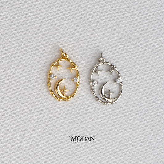 Celestial Moon and Star Oval DIY Charm Liontin Bulan Bintang Hypoallergenic Gold Filled