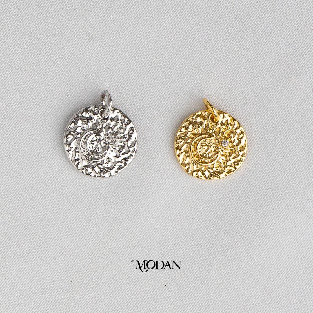 Round Celestial Moon and Star Irregular Hammered DIY Charm Liontin Bulan Bintang Hypoallergenic Gold Plated