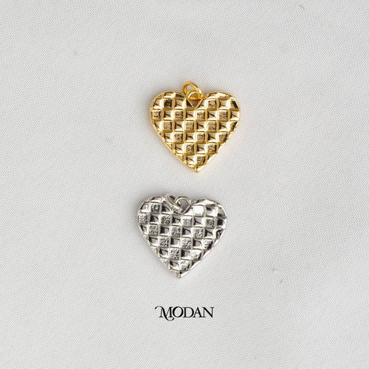 Simple Plain Checkered Heart DIY Charm Liontin Hati Tekstur Hypoallergenic Gold Filled