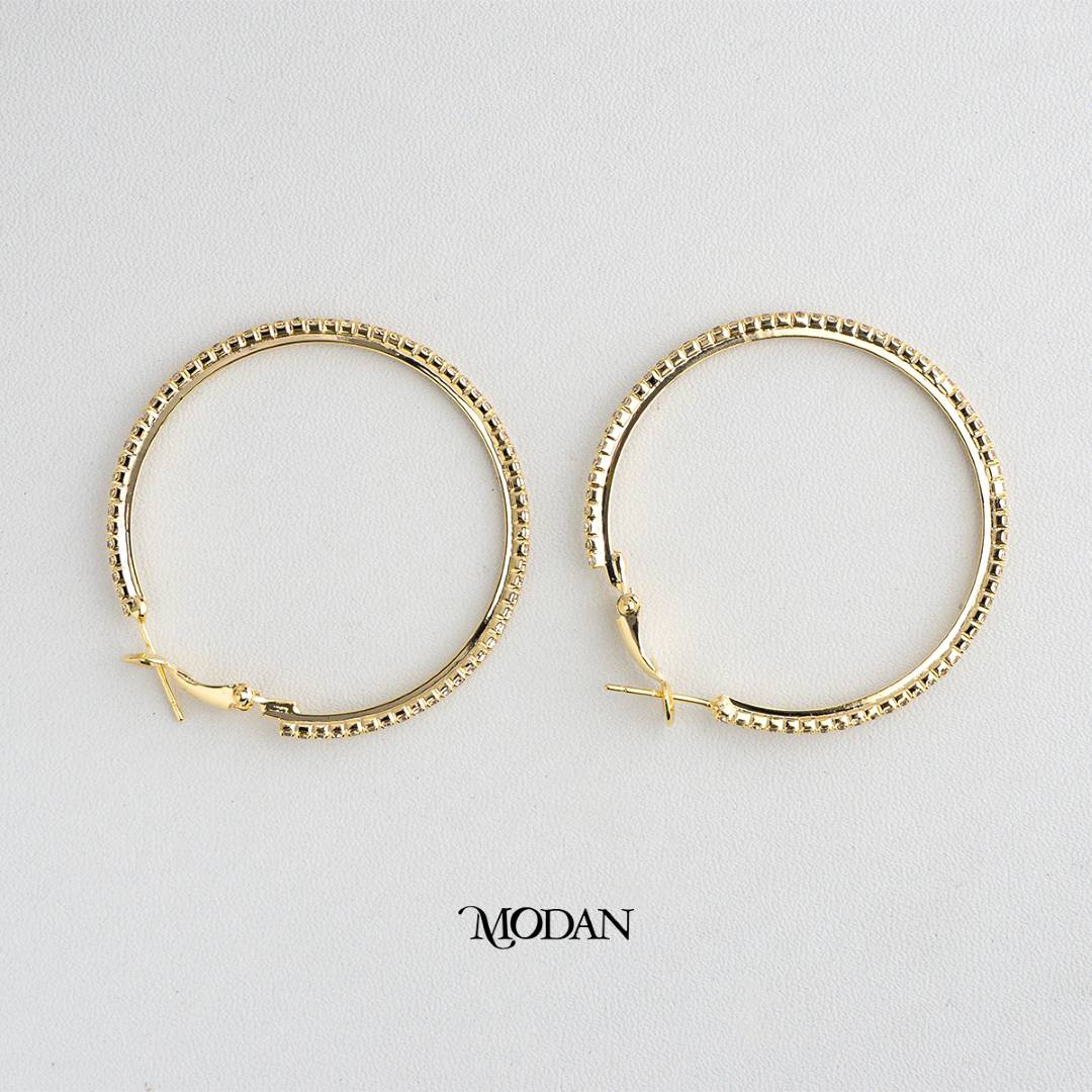 (43mm) Micro Paved Zirconia Tennis Round Hoop Earrings Anting Elegan Hypoallergenic Gold Plated