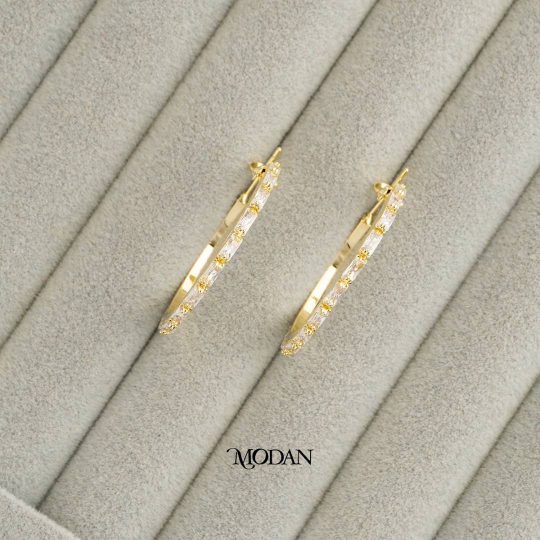 (35mm) Sparkling Baguette Zirconia Tennis Round Hoop Earrings Anting Elegan Hypoallergenic Gold Plated