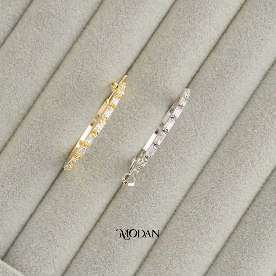 (35mm) Sparkling Baguette Zirconia Tennis Round Hoop Earrings Anting Elegan Hypoallergenic Gold Plated