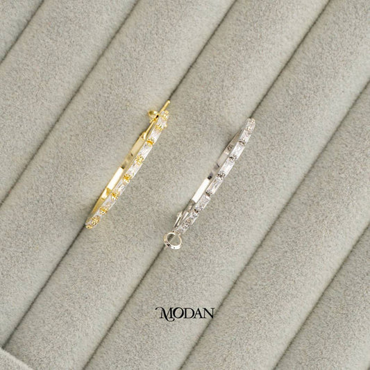 (35mm) Sparkling Baguette Zirconia Tennis Round Hoop Earrings Anting Elegan Hypoallergenic Gold Plated