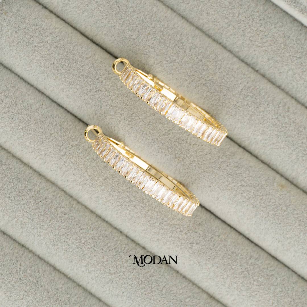 (35mm) Sparkling Baguette Tennis Round Hoop Earrings Anting Elegan Hypoallergenic Gold Plated