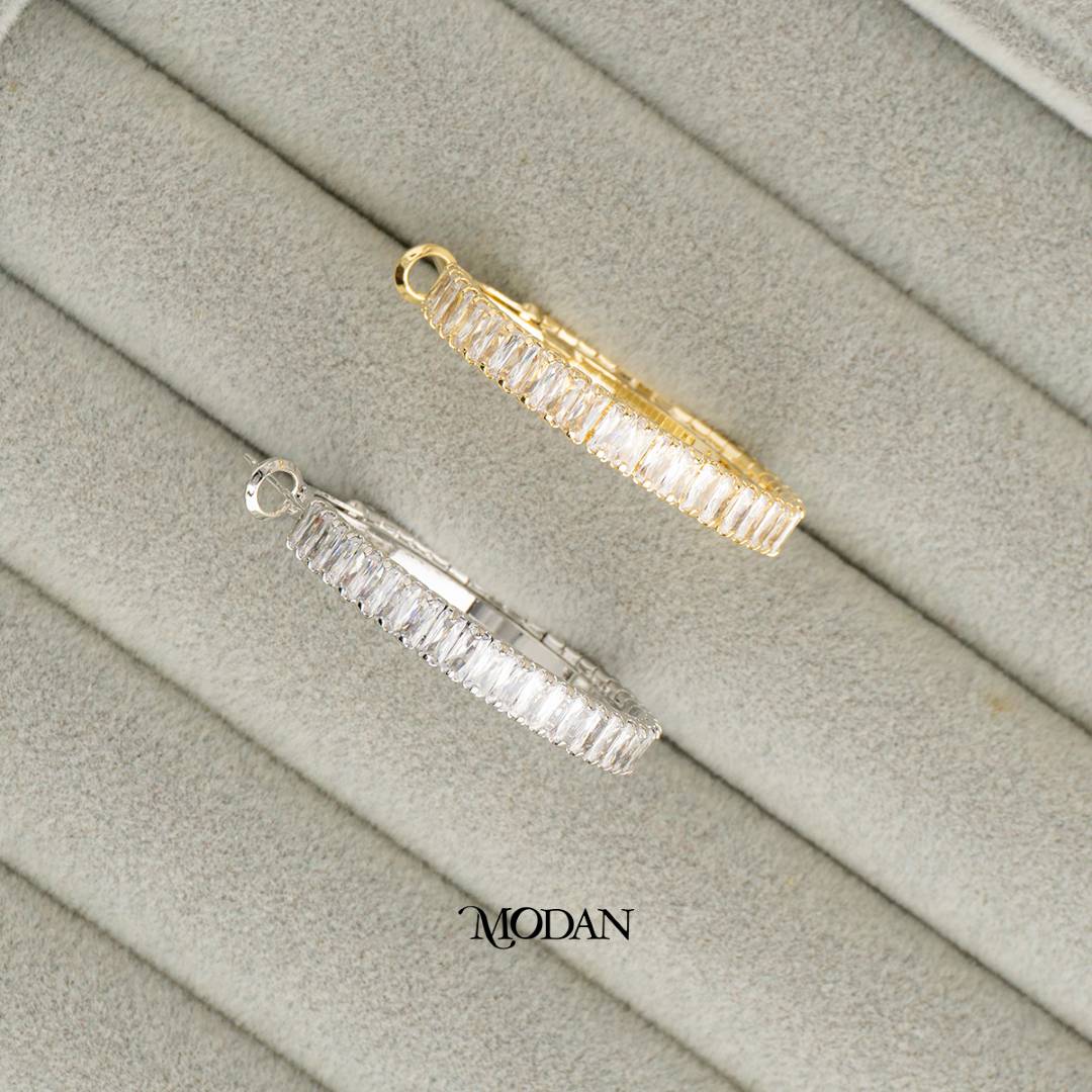 (35mm) Sparkling Baguette Tennis Round Hoop Earrings Anting Elegan Hypoallergenic Gold Plated