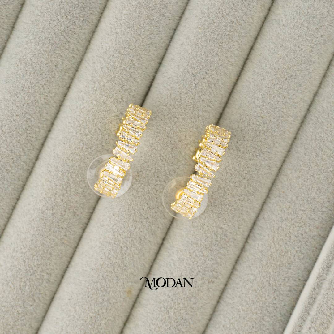 (25mm) Sparkling Baguette Round Open C Hoop Earrings Anting Elegan Hypoallergenic Gold Plated