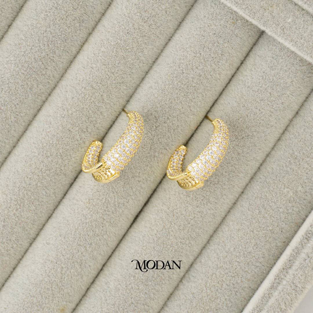 (22mm) Sparkling Micro Paved Zirconia C Hoop Earrings Anting Bulat Hypoallergenic Gold Plated
