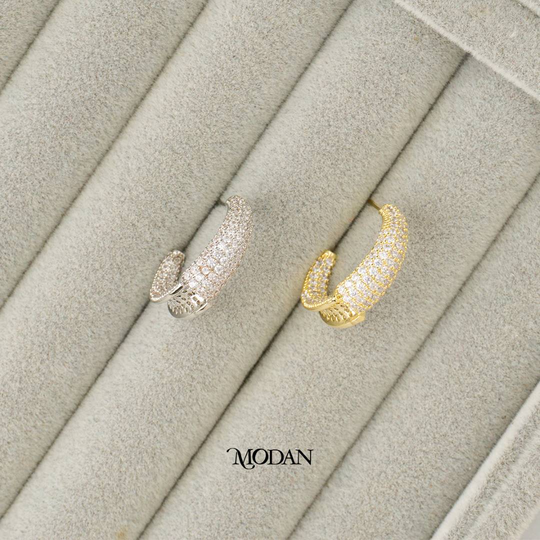 (22mm) Sparkling Micro Paved Zirconia C Hoop Earrings Anting Bulat Hypoallergenic Gold Plated