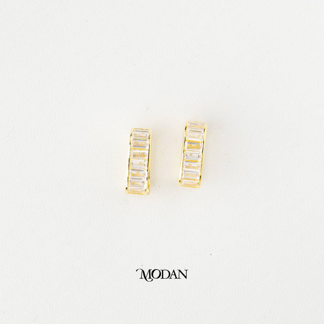 (15mm) Sparkling Baguette Tennis Square Hoop Earrings Anting Elegan Hypoallergenic Gold Plated