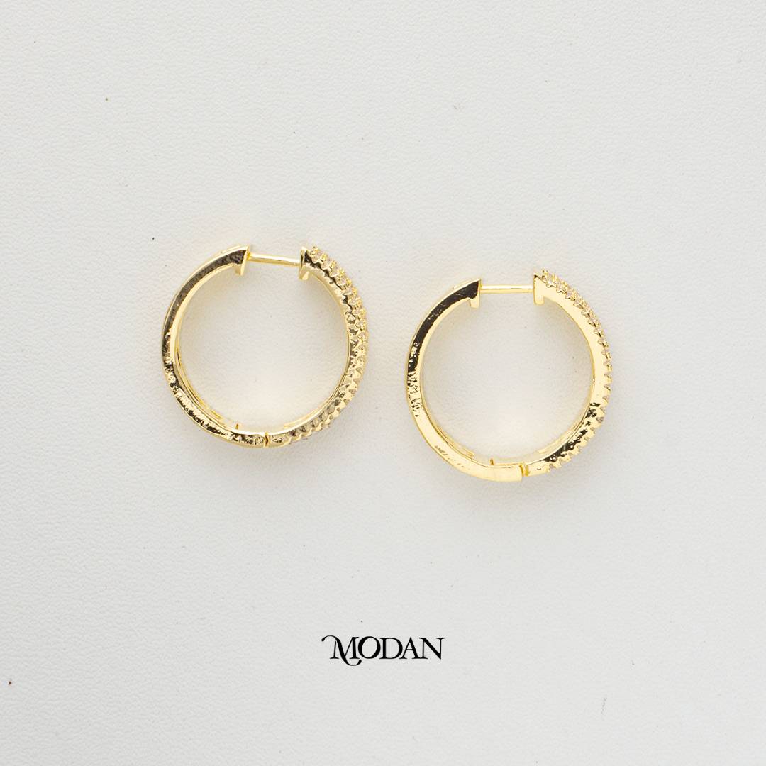 (23mm) Sparkling Micro Paved Mini Ribbed Hoop Earrings Anting Bulat Hypoallergenic Gold Plated